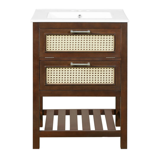 Modern vanity with integrated sink; dark wood cabinet, cane-front and 1 deep drawer on Tampa Home & Garden Store