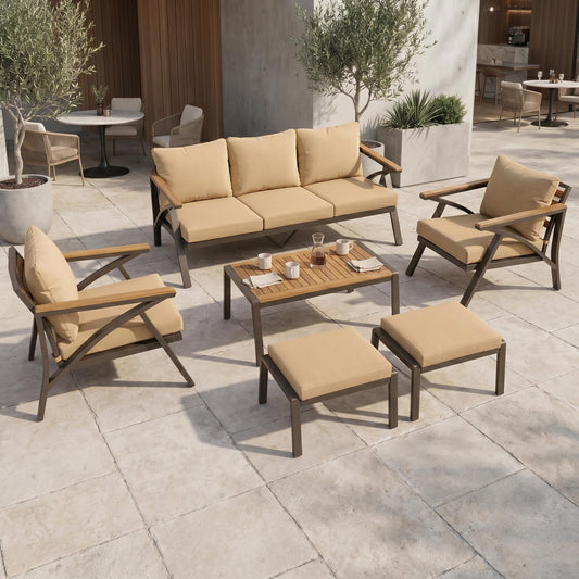 6-Piece outdoor patio furniture set with steel-frame sofa and acacia wood table, beige cushions on Tampa Home & Garden Store