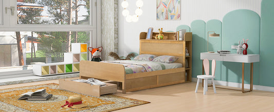 Full Size Platform Bed with Storage Headboard and a Big Drawer Wood Color