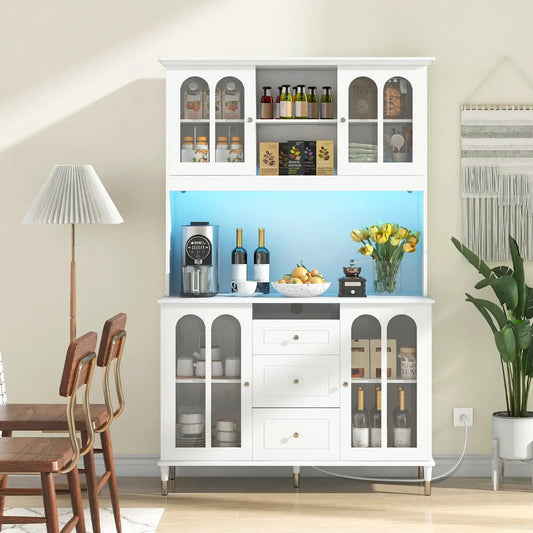 Freestanding pantry cabinet with LED lights, white finish and glass-front upper doors on Tampa Home & Garden Store
