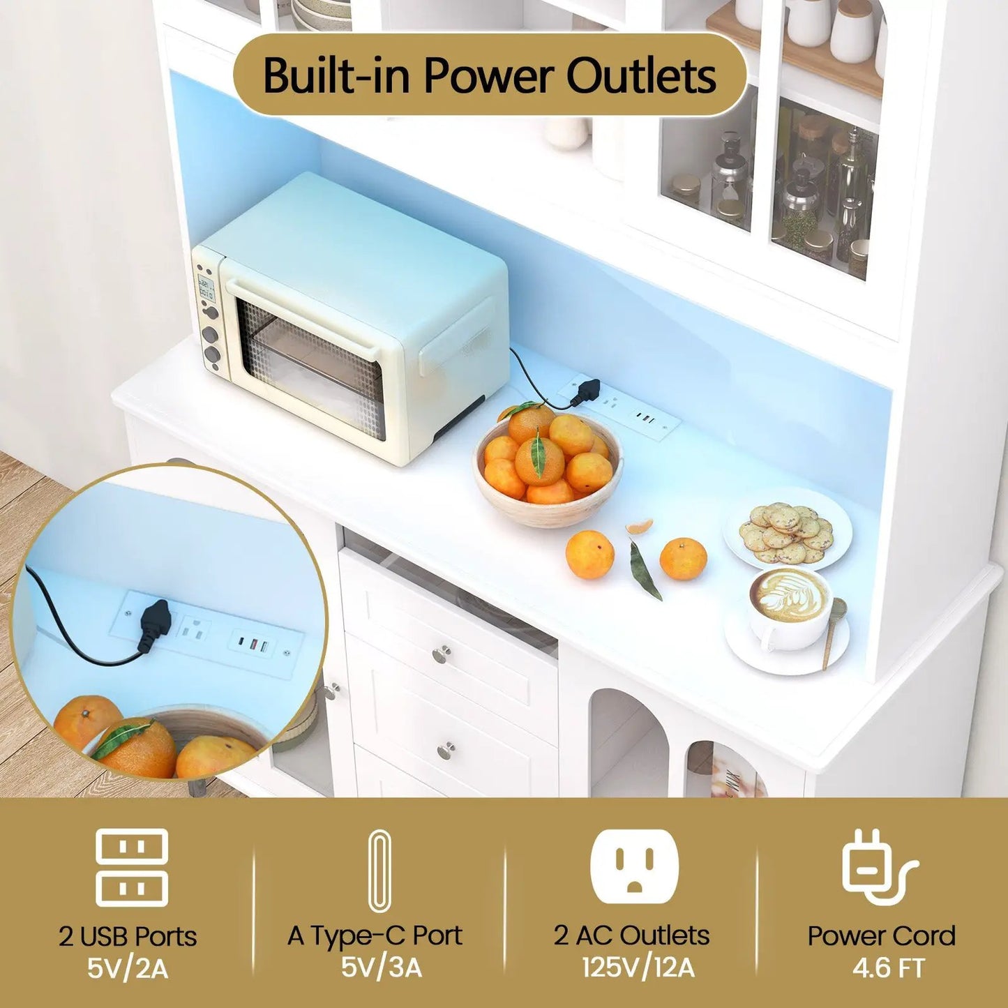 Freestanding pantry cabinet with LED lights, white and blue interior, built-in outlets DirectDeals on Tampa Home & Garden Store