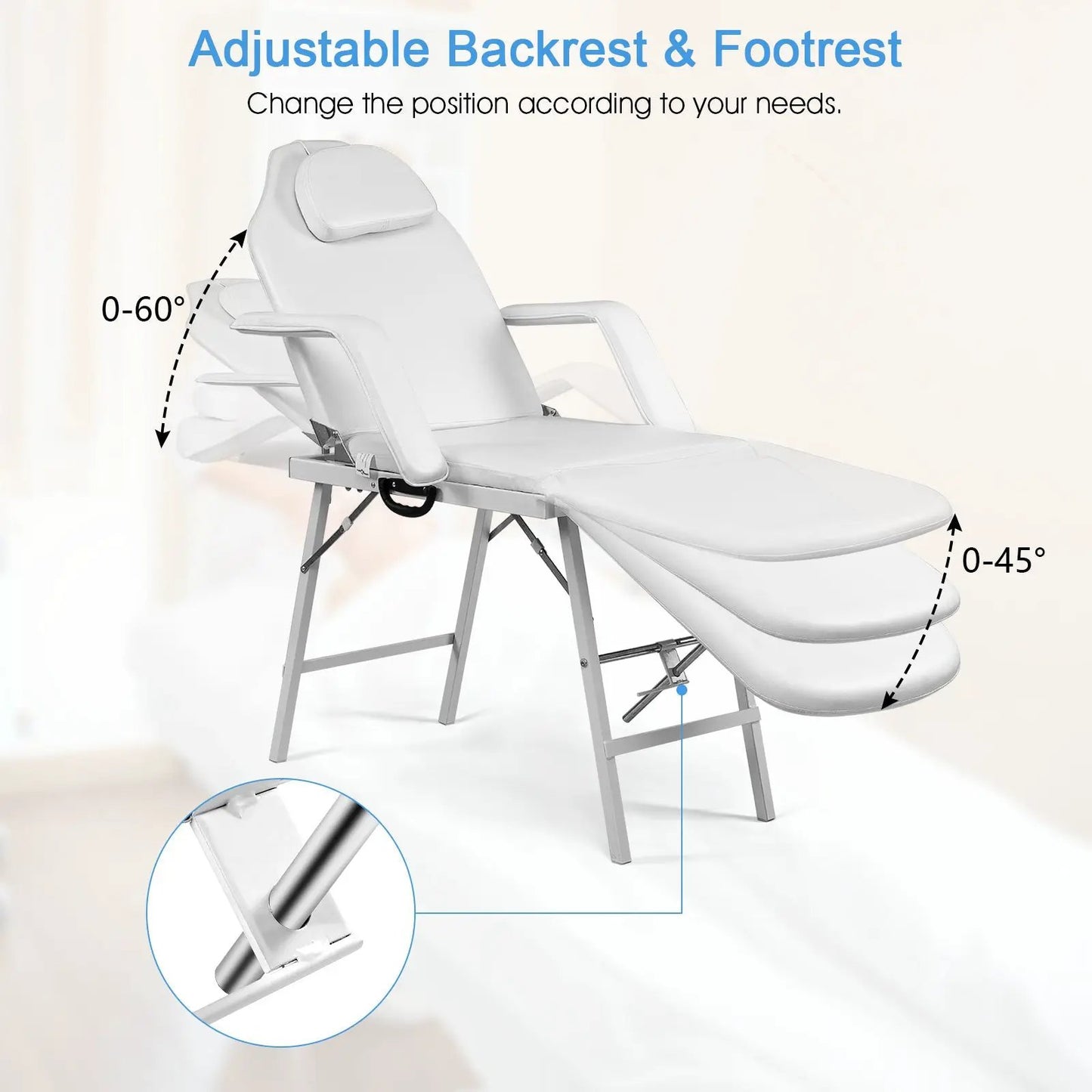 73 Inch Portable Tattoo Salon Facial Table, white vinyl upholstery, adjustable backrest 0–60° on Tampa Home & Garden Store