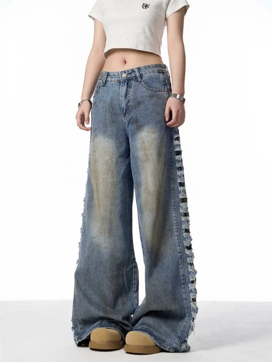 American Retro Gradient Jeans FLIPSTYLEZLLC, wide-leg blue denim with faded panels on Tampa Home & Garden Store