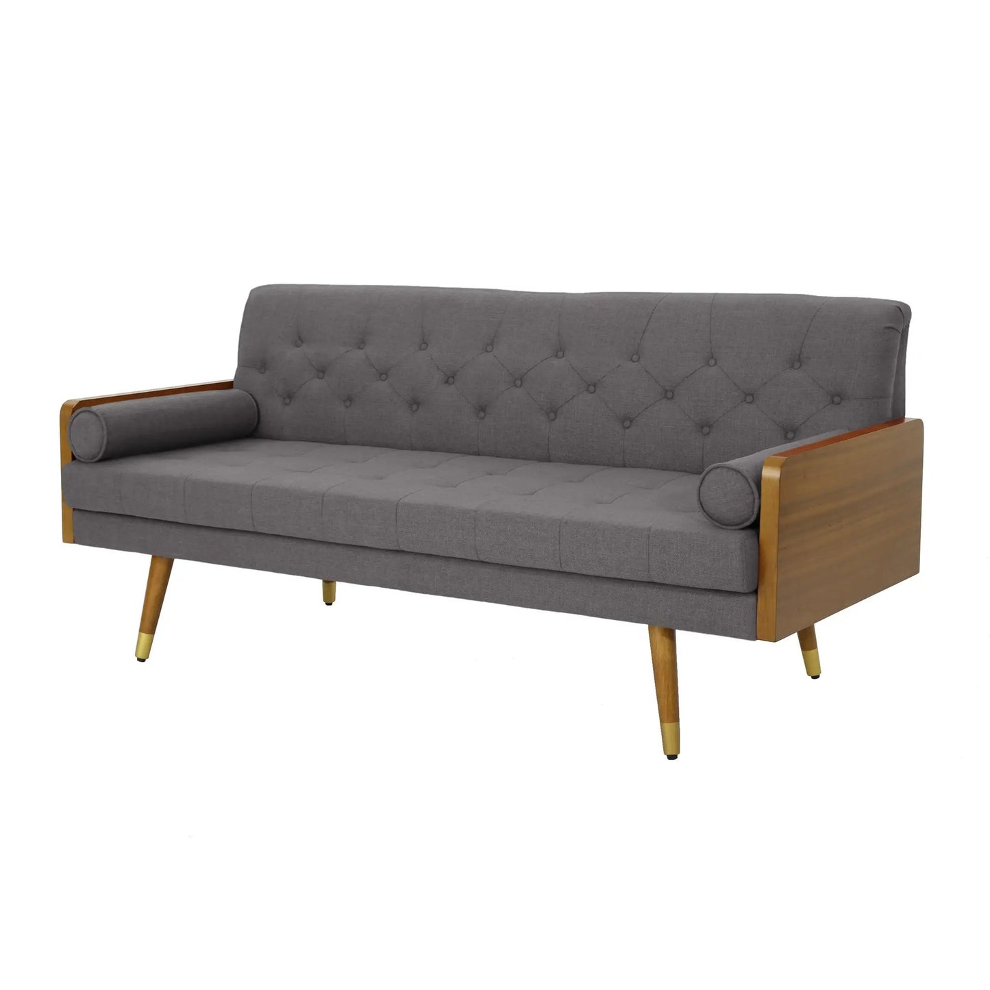 Aidan mid-century modern tufted fabric sofa in gray with wooden armrests and tapered legs on Tampa Home & Garden Store