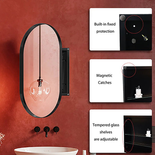 Oval 20x34 inch medicine cabinet in matte black with tempered glass shelves on Tampa Home & Garden Store