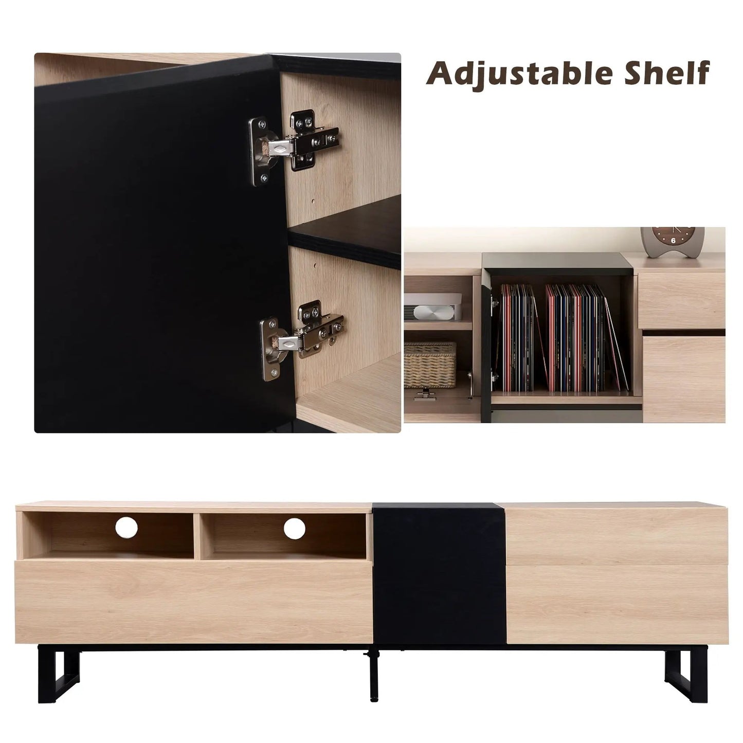 Modern TV stand for 80in TV with dropdown door, light wood and black accents, media shelves on Tampa Home & Garden Store