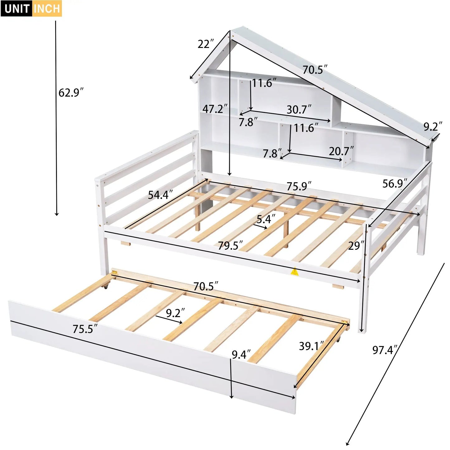 Full Platform Bed with Trundle and Shelves White