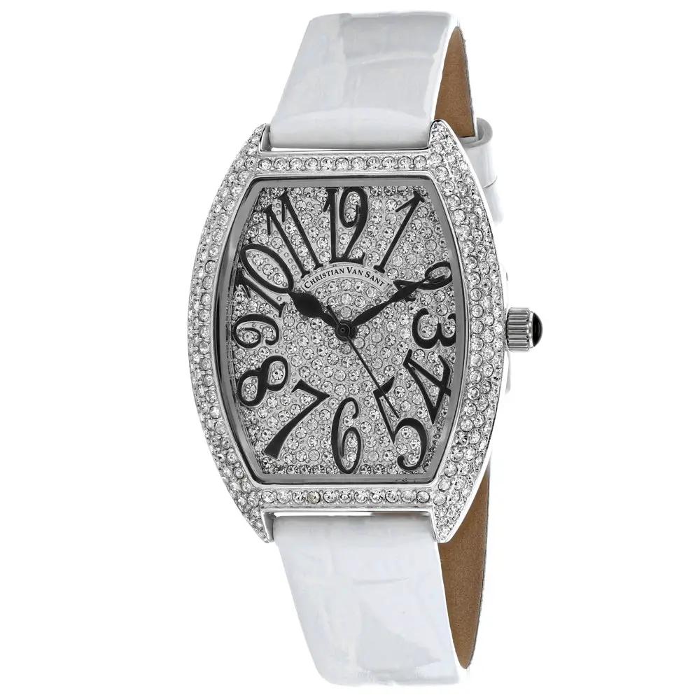 Christian Van Sant women's crystal-embellished watch with pavé bezel and white leather strap on Tampa Home & Garden Store