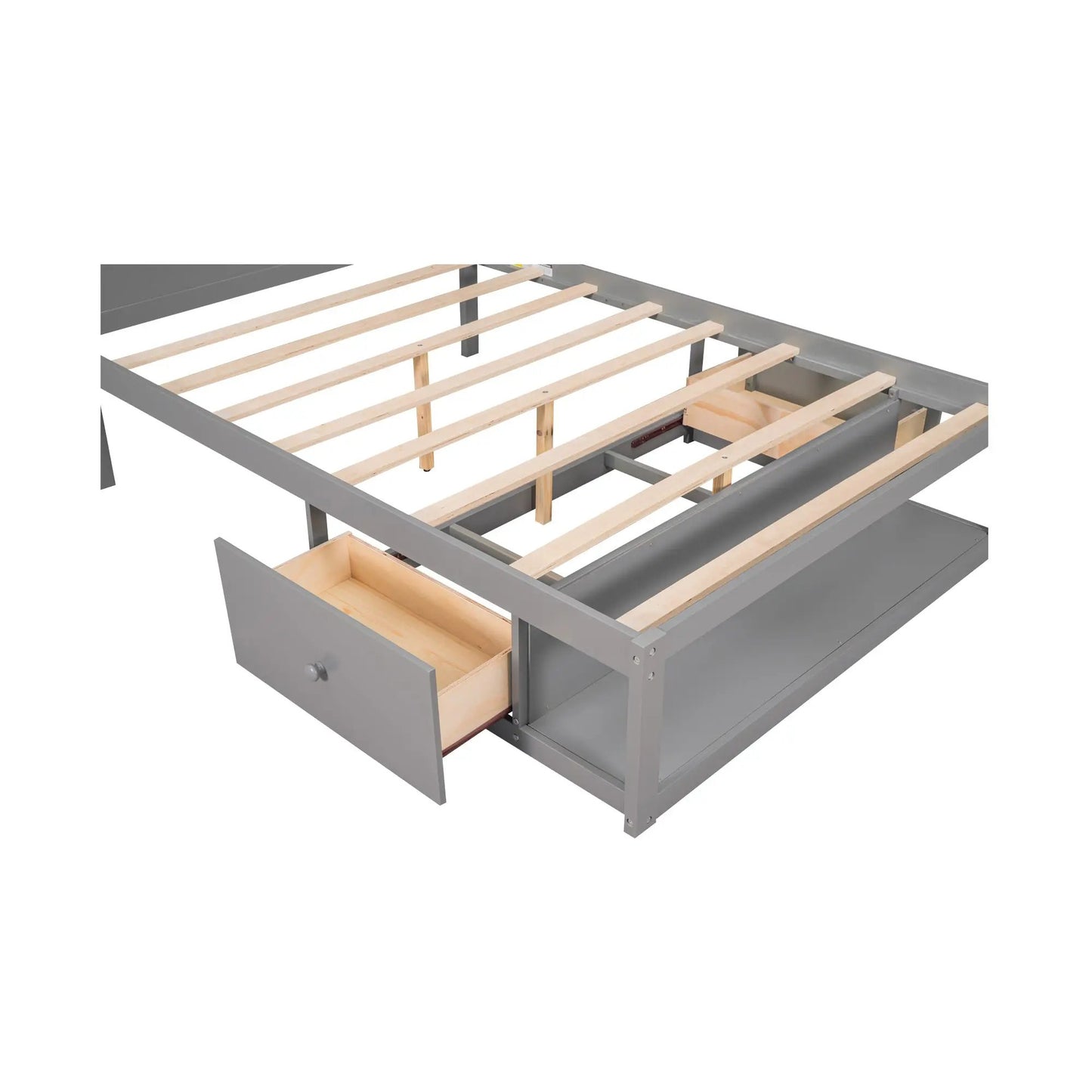 Full-size platform bed with drawers and end shelf, gray metal frame and wooden slat supports on Tampa Home & Garden Store