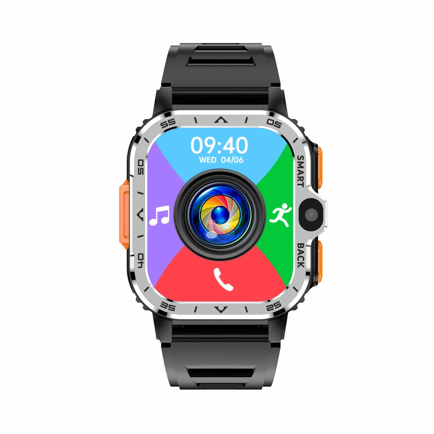 AP8 Smart Watch 4G with dual HD cameras, black band, colorful touchscreen display on Tampa Home & Garden Store