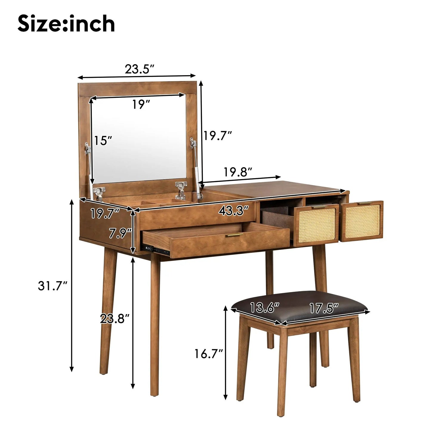 Wooden vanity set with flip mirror and drawers, brown finish, includes matching bench on Tampa Home & Garden Store