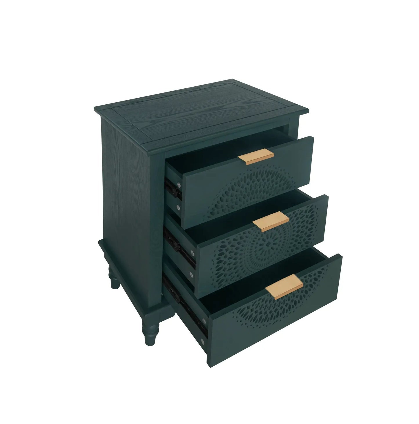 Hollow carved 3-drawer dresser in dark green woodgrain finish with metal handles on Tampa Home & Garden Store