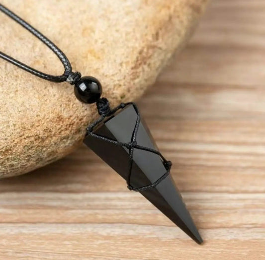 Obsidian aura pendant on black rope chain with knotted cord and bead on Tampa Home & Garden Store