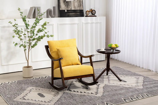 Mid Century Modern Accent Glider Arm Chair with yellow cushions and dark wood frame on Tampa Home & Garden Store