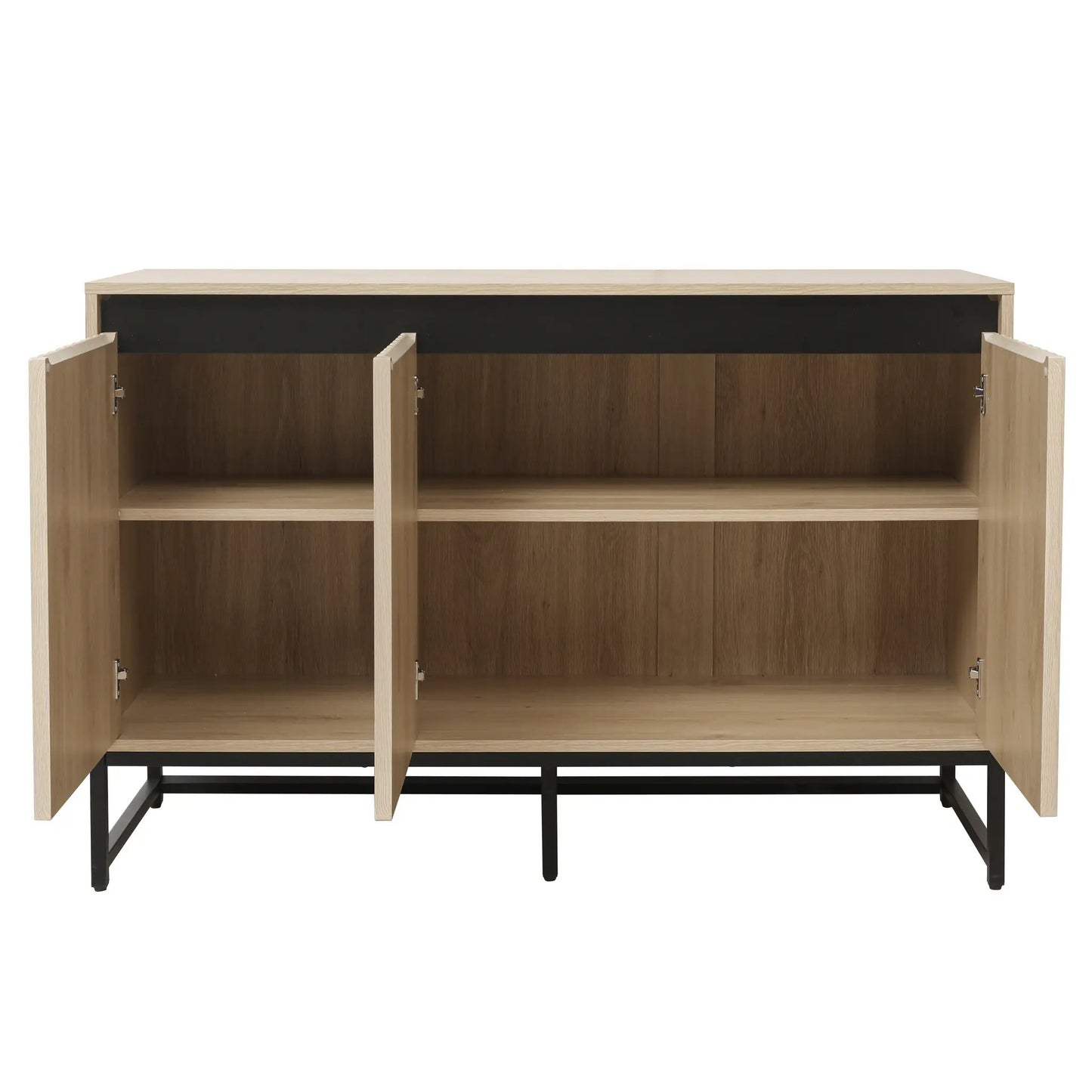 3-door wooden sideboard with LED and adjustable shelf, natural oak finish with black interior backing on Tampa Home & Garden Store