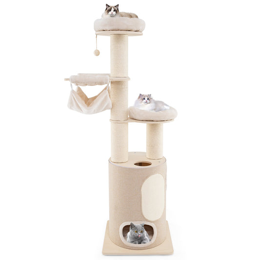 74 Inches Tall Wooden Cat Tower Tree with 2-Story Cat Condo and Washable Cushions-Natural - Tampa Home & Garden Store