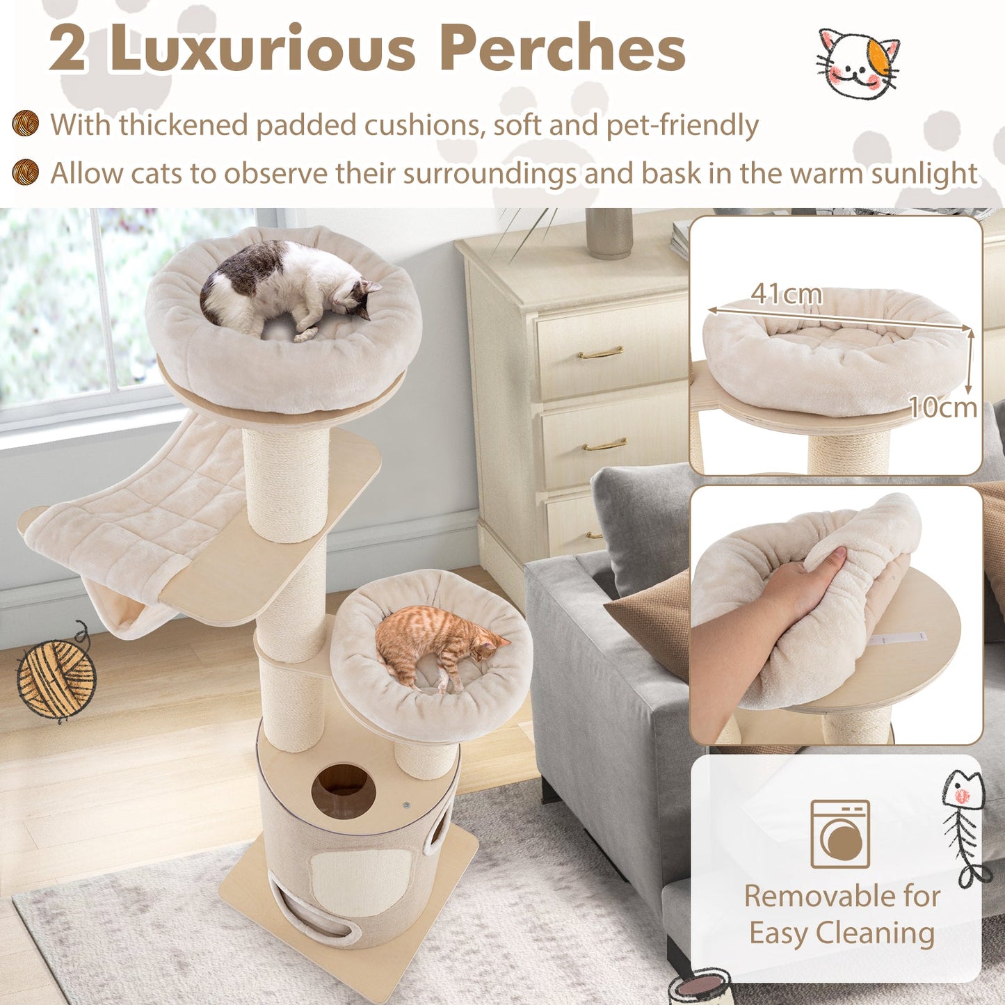 74-Inch tall beige wooden cat tower with 2-story condo and plush cushions DirectDeals on Tampa Home & Garden Store