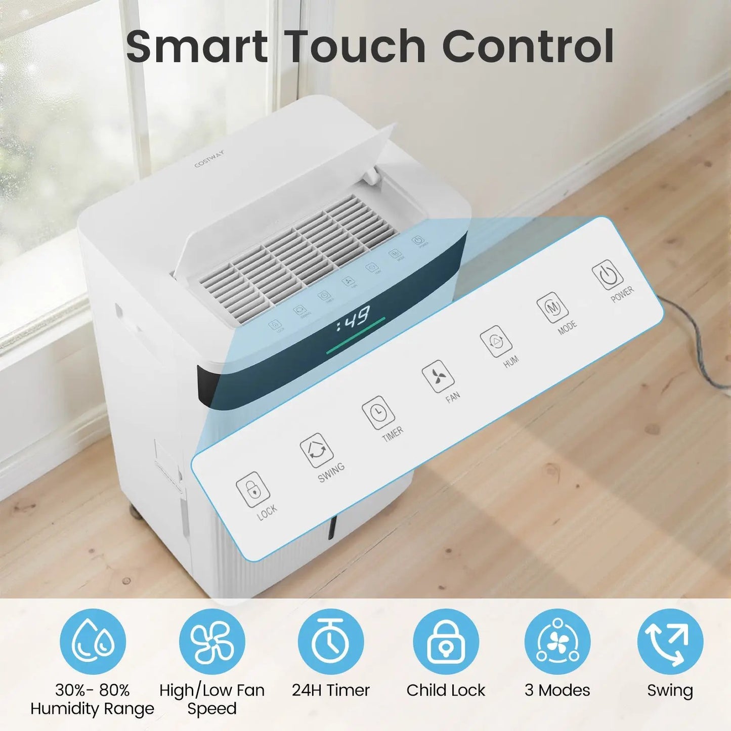 74 Pints Dehumidifier white Costway with smart touch control for large 4500 sq ft on Tampa Home & Garden Store