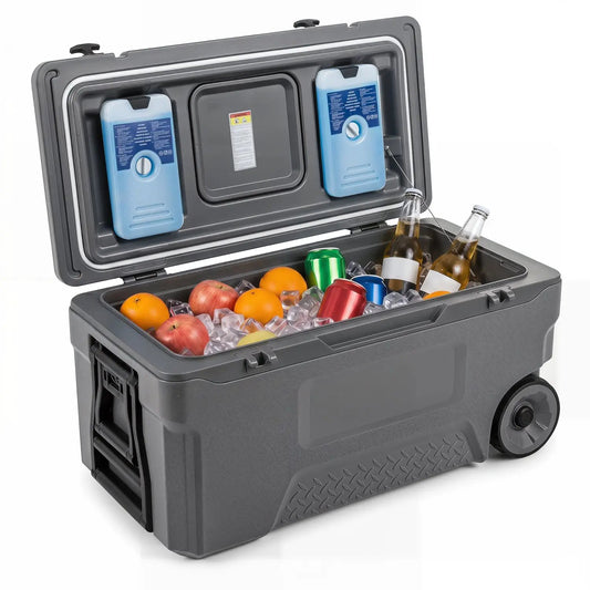 DirectDeals 74-Quart rolling cooler gray with wheels, ice and beverages inside on Tampa Home & Garden Store