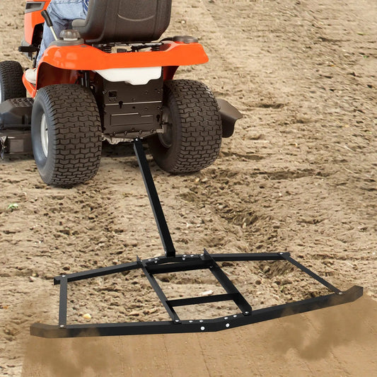 74 Inch Wide Tow Behind Landscape Leveling Rake attached to orange riding mower on Tampa Home & Garden Store