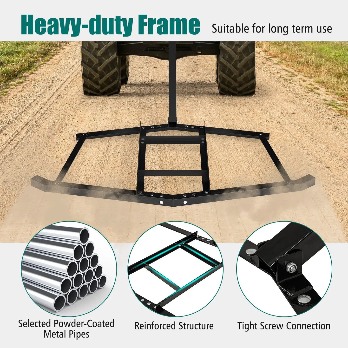 Tow-behind landscape leveling rake, 74-inch wide, black steel frame on Tampa Home & Garden Store
