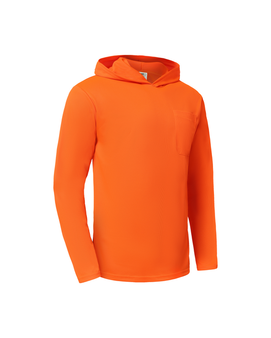 Kiwi high visibility orange lightweight hoodie with hood and chest pocket long sleeves on Tampa Home & Garden Store