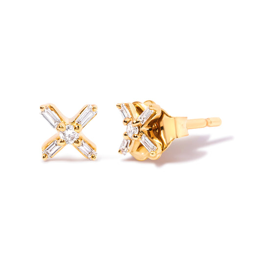 Pair of 10K yellow gold criss-cross X stud earrings with round baguette diamonds by Bids.com on Tampa Home & Garden Store