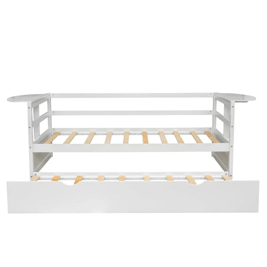 Twin size daybed with trundle and shelves in white metal frame with wood slat base on Tampa Home & Garden Store