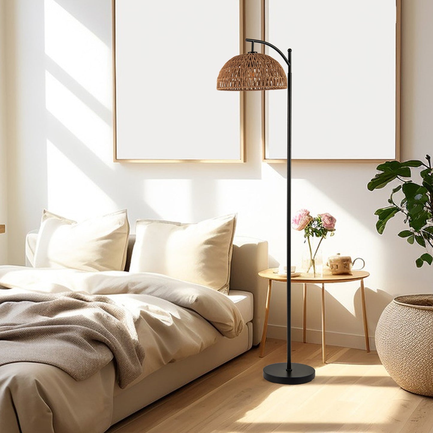 Arc floor lamp with wicker shade, black finish, 63 in tall, beside beige sofa in a living room on Tampa Home & Garden Store