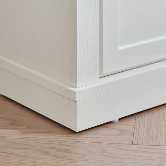 Farmhouse 5-drawer dresser white wood close-up of base and paneled side on Tampa Home & Garden Store