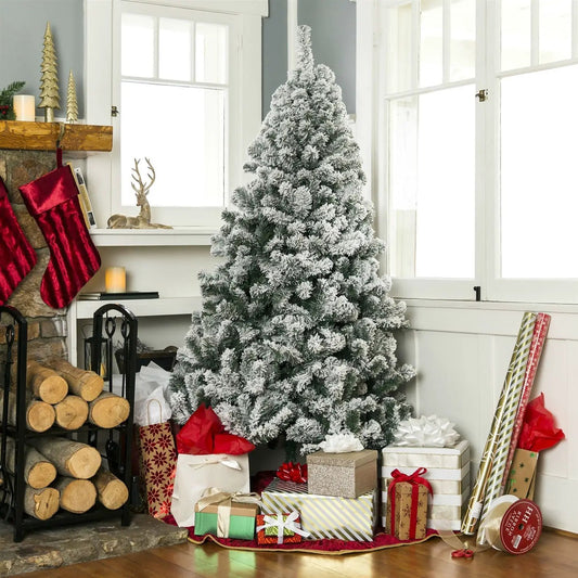 Snow Flocked Christmas Tree with Metal Stand by HomePacific, 7.5 ft tall in living room on Tampa Home & Garden Store