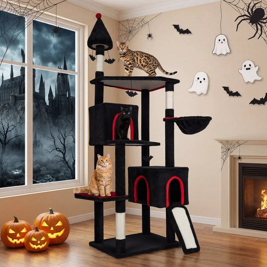75 Inch Gothic Cat Tree with 2 Condos and Top Perch in black plush, DirectDeals, 3 cats on Tampa Home & Garden Store
