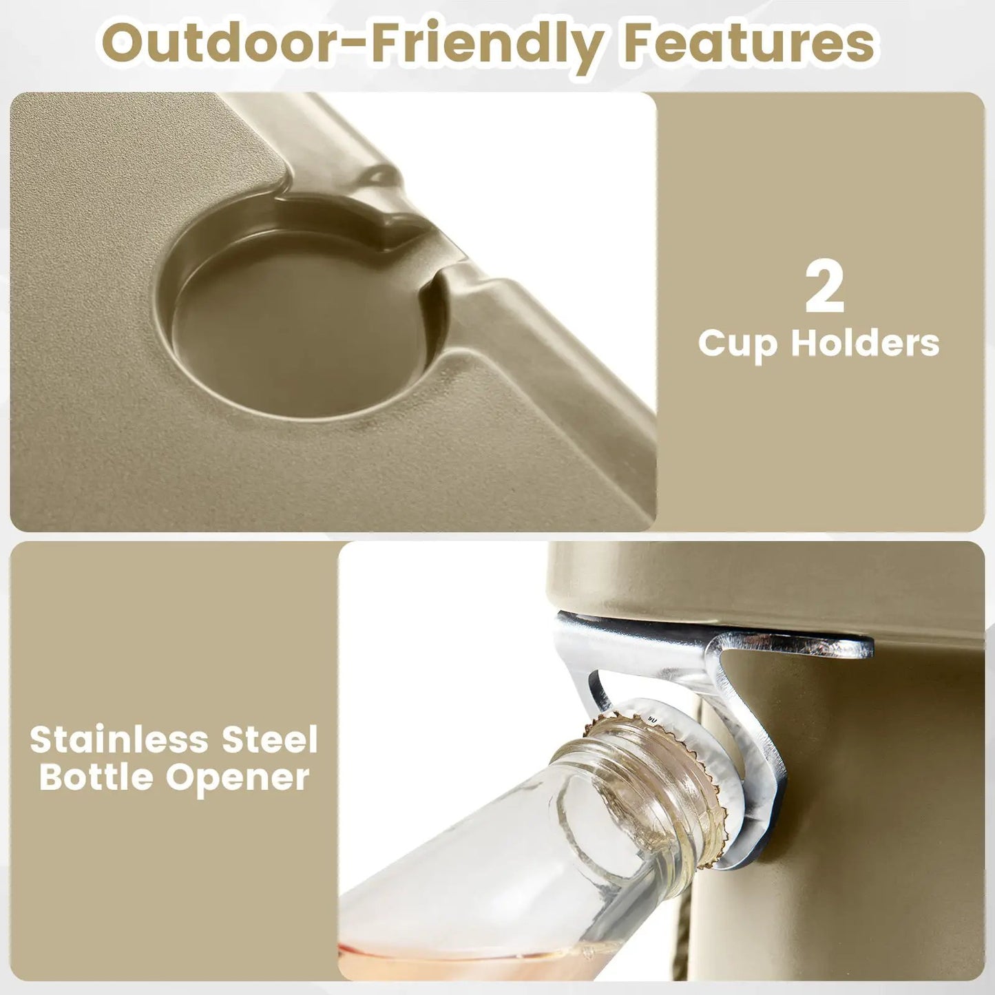 75-quart portable cooler with beige body, built-in stainless steel bottle opener and 2 cup holders on Tampa Home & Garden Store