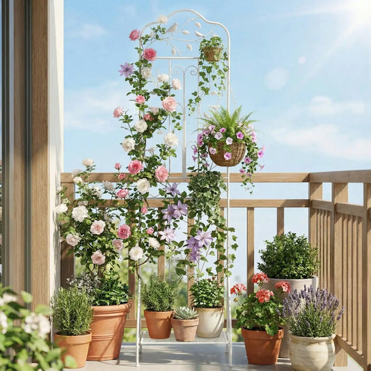 Metal garden trellis with foldable shelf, white frame, 75 x 20 in on Tampa Home & Garden Store