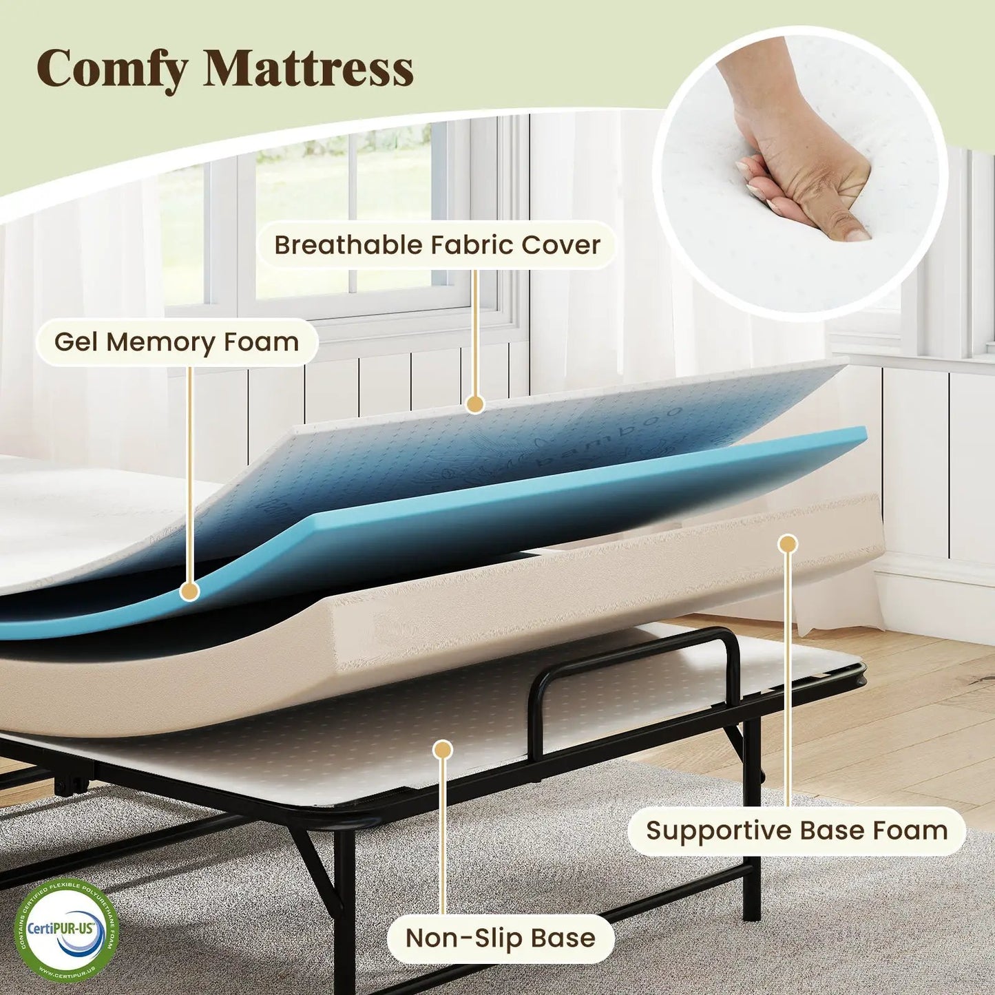 Twin Size Folding Bed with Memory Foam by DirectDeals, foldable metal frame on Tampa Home & Garden Store
