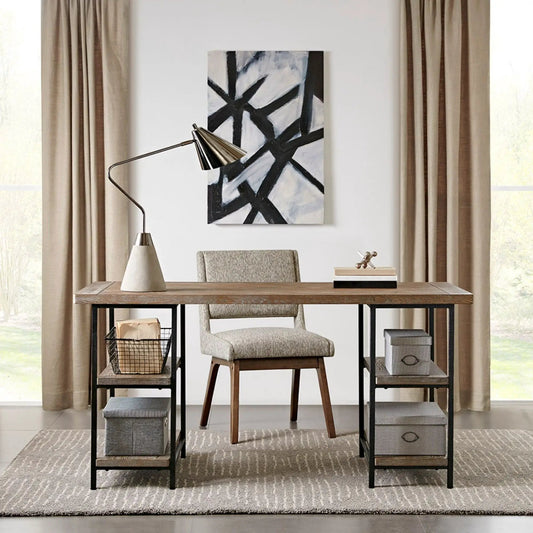 Industrial style metal-frame writing desk with gray finish and side shelving on Tampa Home & Garden Store