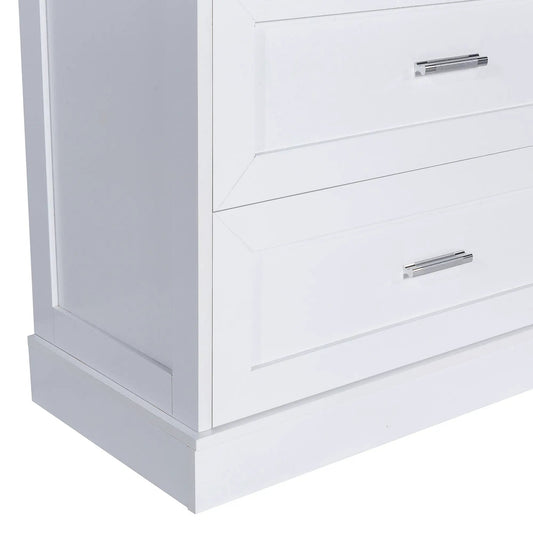 Tall white bathroom storage cabinet with multiple drawers and chrome bar handles on Tampa Home & Garden Store