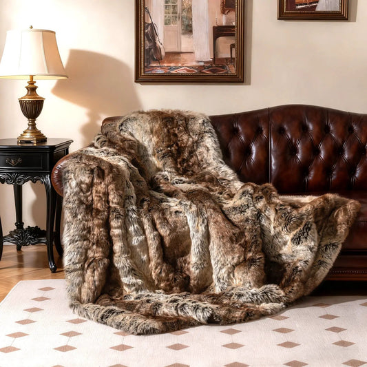 760GSM Soft Plush Faux Raccoon Fur Blanket brown gray DirectDeals sofa throw on Tampa Home & Garden Store