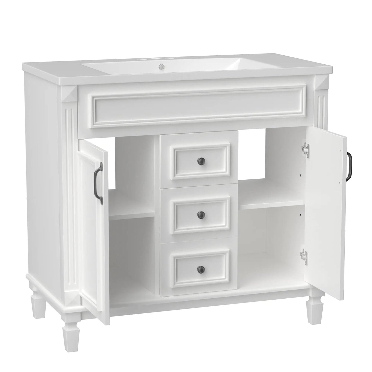 36 inch white vanity base with paneled doors and stacked center drawers, classic molding on Tampa Home & Garden Store