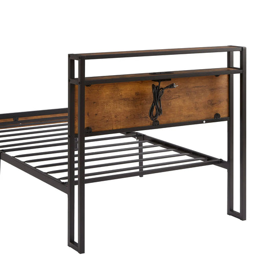 Twin size metal platform bed with black frame and wood headboard panel, USB/LED wiring visible on Tampa Home & Garden Store