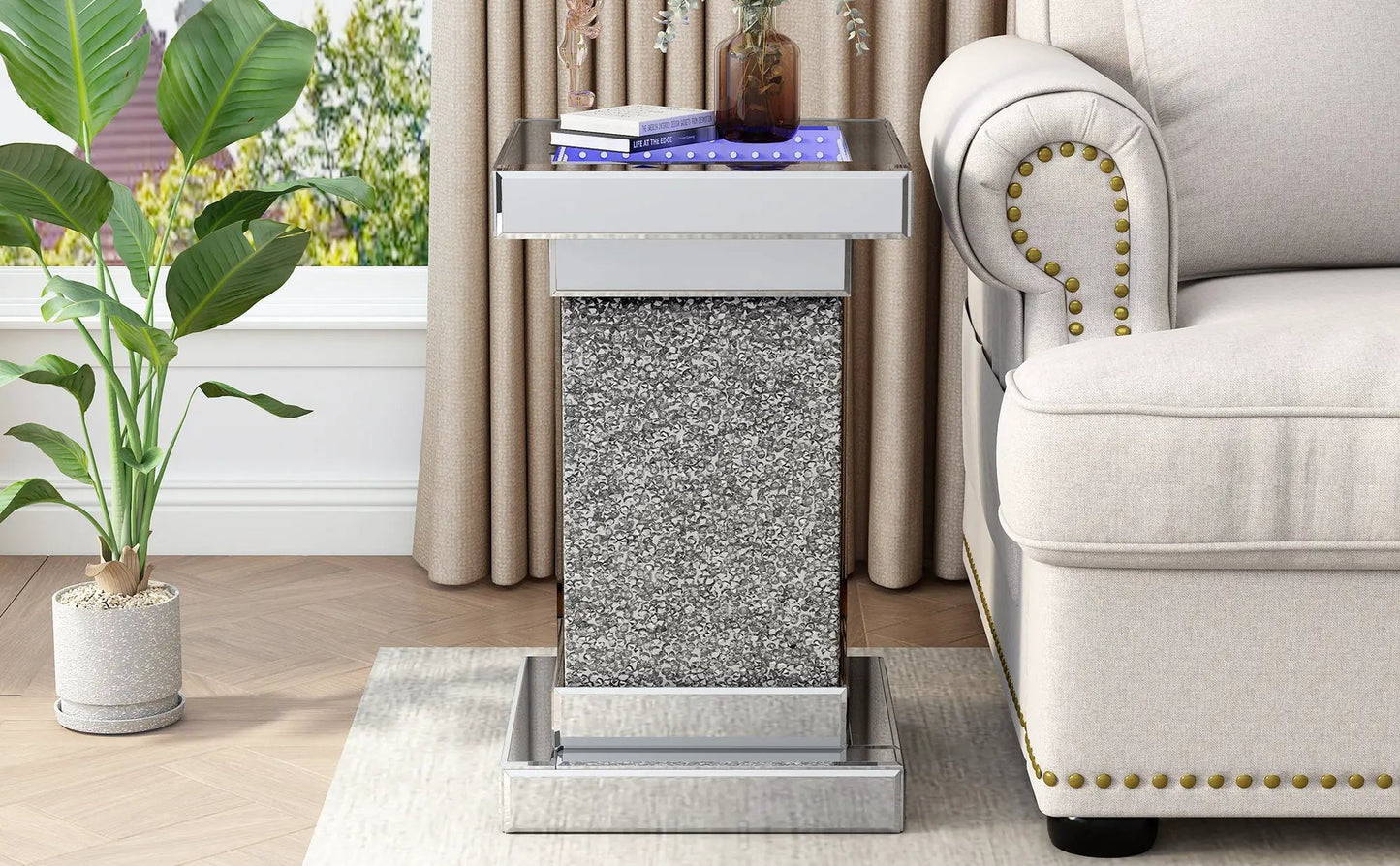 Mesa de centro U-Can plateada cuadrada de 11.8 pulgadas con espejo y luces LED, mesa moderna con borde de diamante, no requiere montaje