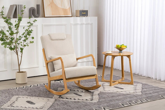 Beige linen rocking chair with lumbar pillow, light wood frame in a modern living room on Tampa Home & Garden Store