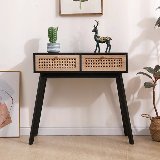 Side table with rattan-front drawers, black frame, and wood legs on Tampa Home & Garden Store