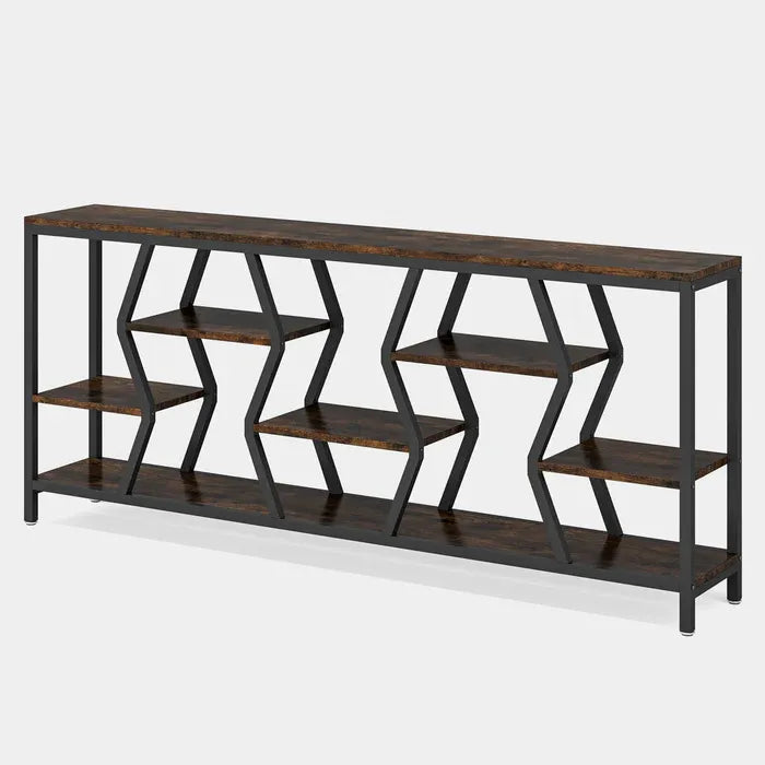 Durable sofa console table with dark wood top and black metal frame, multi-shelf storage on Tampa Home & Garden Store