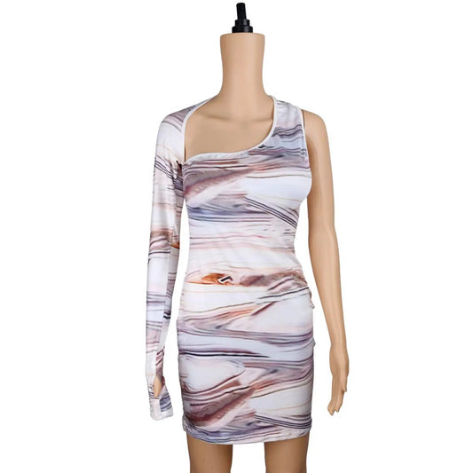 One-shoulder woodgrain print mini dress in white-brown by FLIPSTYLEZLLC on Tampa Home & Garden Store