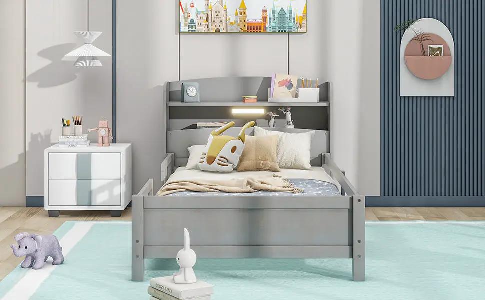 Wood Twin Platform Bed with LED Light and Storage in gray wood finish with built-in shelves on Tampa Home & Garden Store