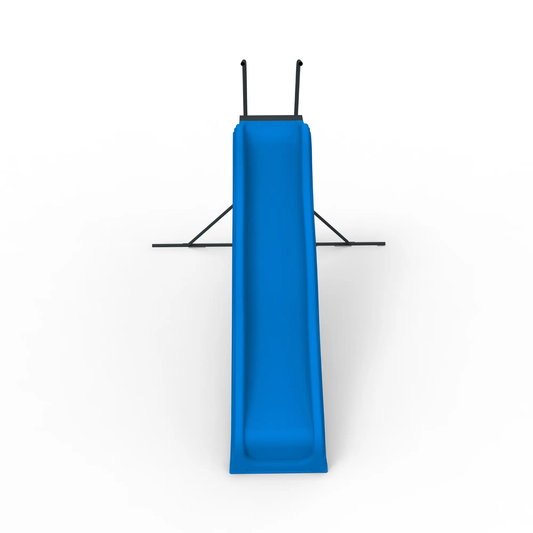 Blue 2.2m indoor kids plastic slide with freestanding black metal supports on Tampa Home & Garden Store