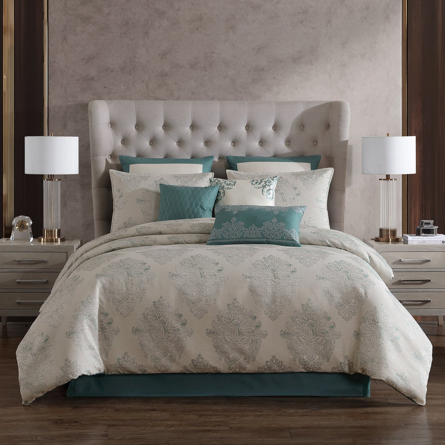 Marana 9 Pc Medallion Jacquard Comforter Set by HouseOfZazla in beige with teal pillows on Tampa Home & Garden Store