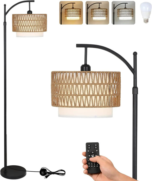 Arc floor lamp with black metal frame, natural woven rattan shade, remote dimmable light on Tampa Home & Garden Store