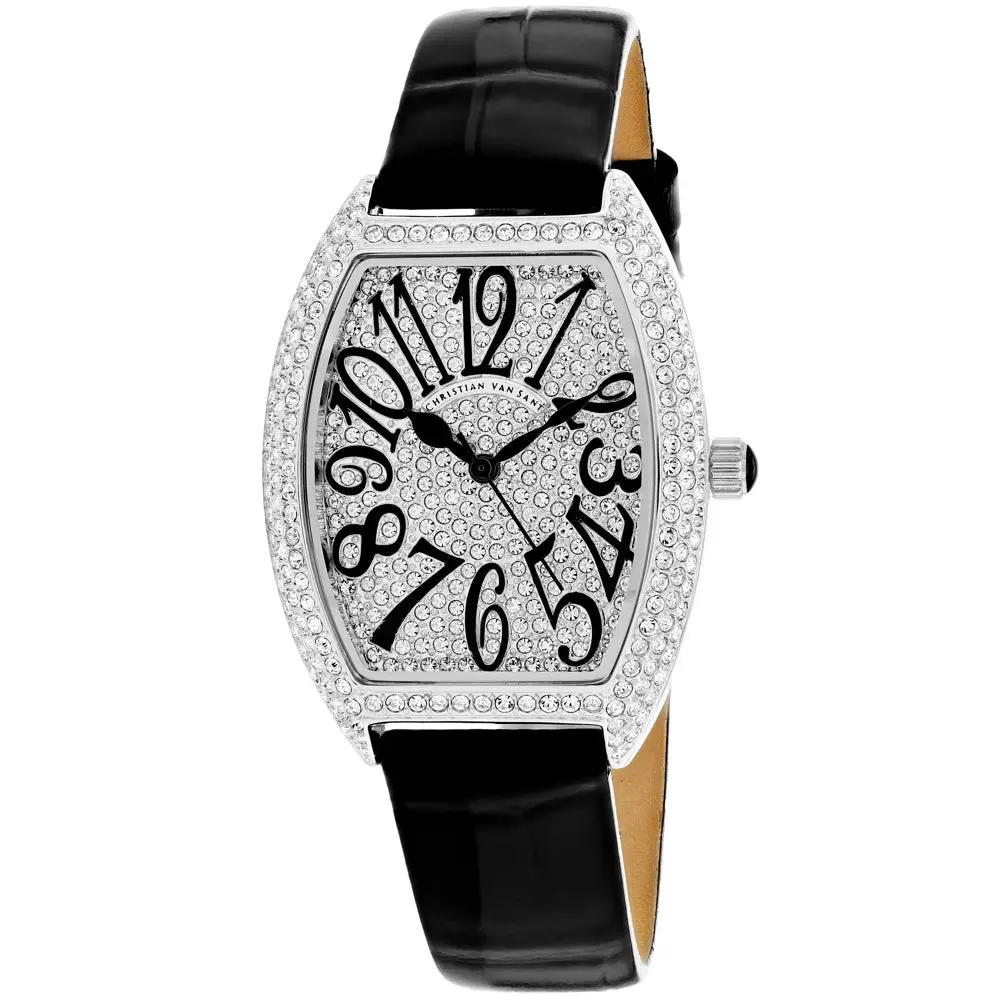 Christian Van Sant women's elegant watch with crystal bezel and black leather strap on Tampa Home & Garden Store